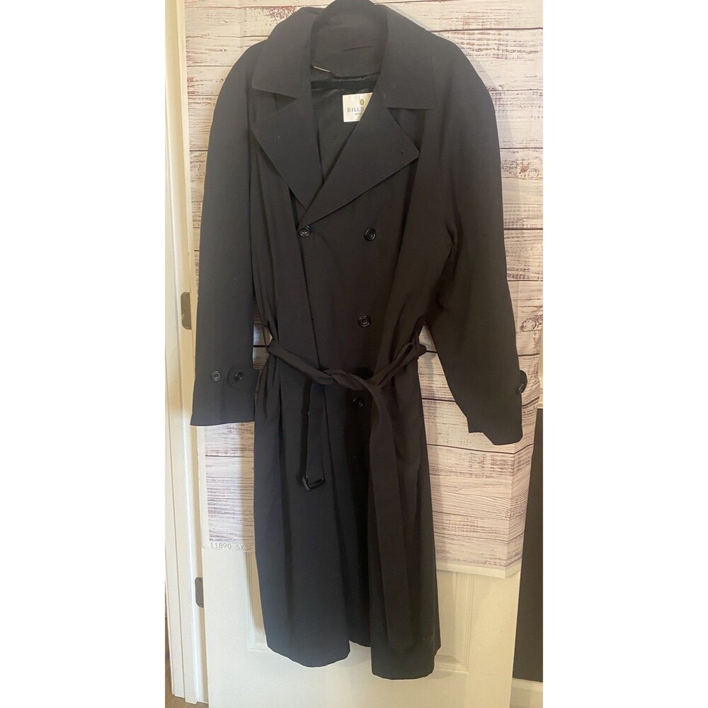Bill Blass Black belted Trench Coat Mens 42 L Wool Lined Double Breasted vintage